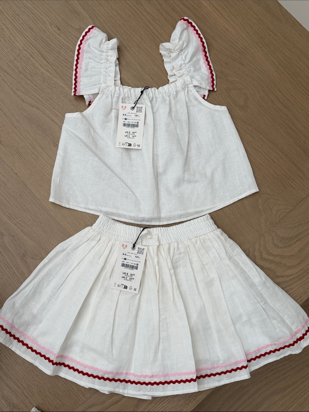 White Two-Piece Linen-Look Ruffle Set with Pink & Red Trim